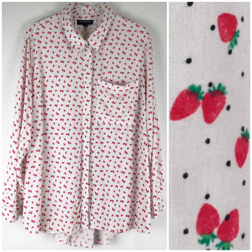 Lane Bryant Strawberry Micro Dot Novelty Print Hidden Button Blouse Size 22/24